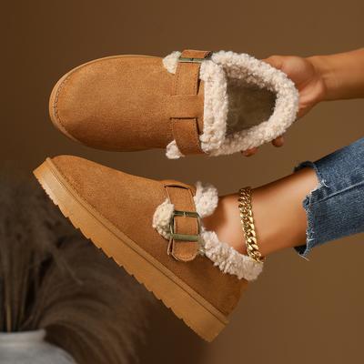 Модные женские коричневые замшевые ботинки с закрытым носком на подкладке с ремешком на пряжке на платформе зимние теплые удобные повседневные слипоны для женщин