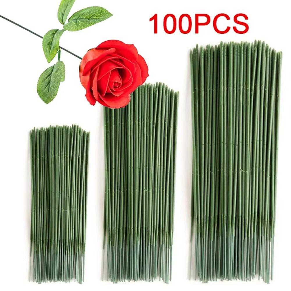 100Pcs DIY Handmade Flower Stem Iron Wire Green Rose Stem Simulation Plant Stem Wedding Celebration