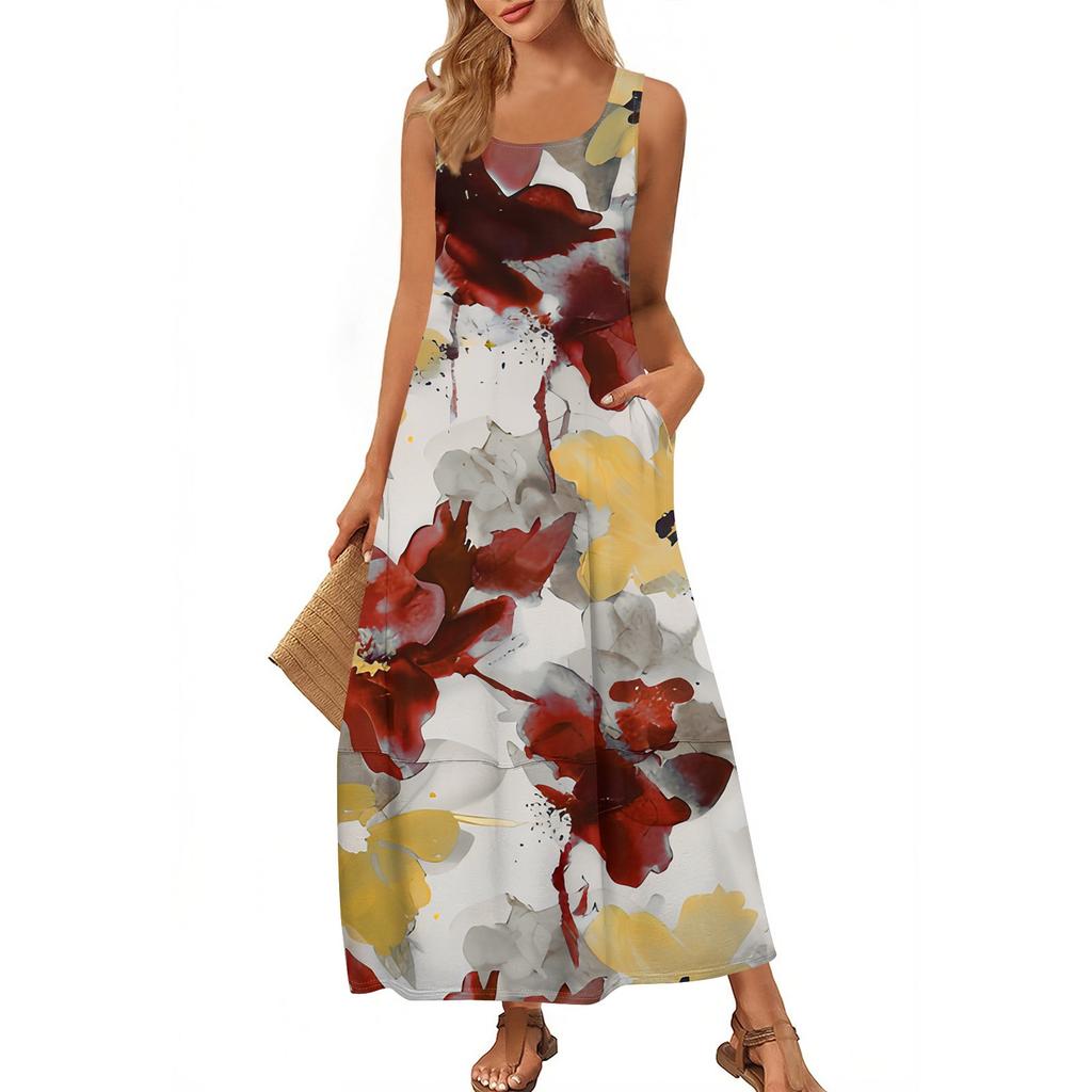 Женский повседневный сарафан длиной до пола, летнее пляжное платье, круглый вырез, без рукавов, свободный сарафан с принтом