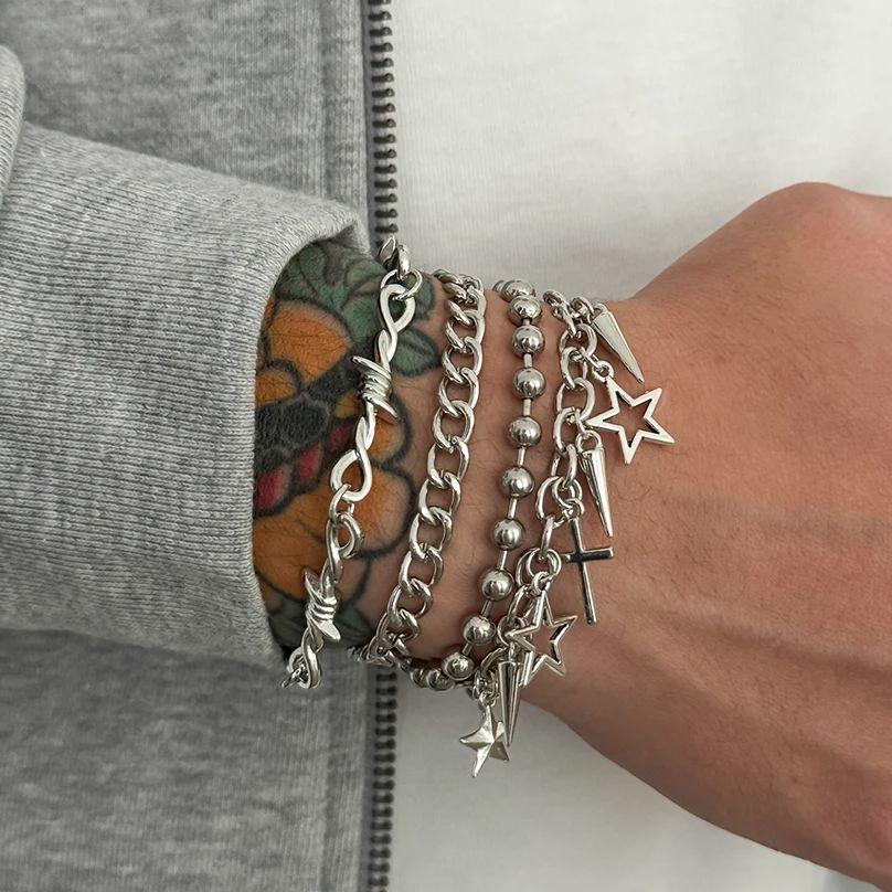 SHIXIN Trendy Multi Layer Stackable Cuban Chain Bracelet Men Hip Hop Pentagram Jesus Cross Rivet Pendant Bracelet Punk Jewelry