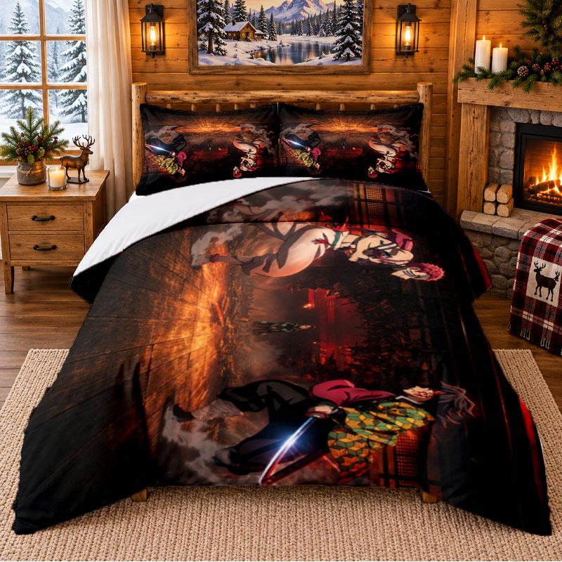 D-Demon S-Slayers Pattern Bedding 3Pcs Set Bed Sheet And Pillowcases For Indoor Bedroom