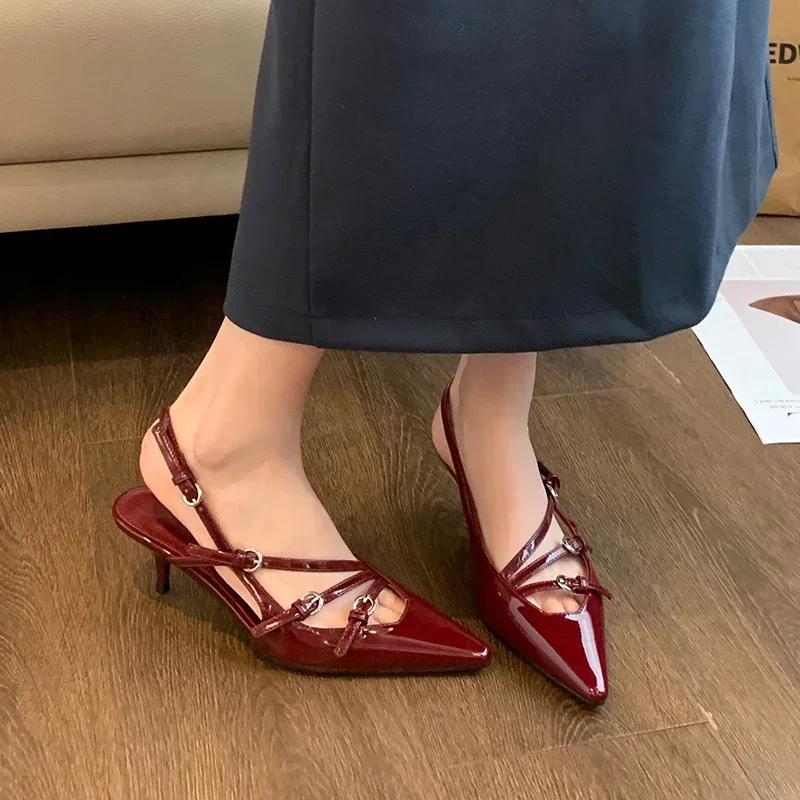 Women's Shoes Closed Toe Women's Sandals Fashion Dress Red Sandals Women's Pointy Heel Buckle Shoes Women's Heels Women