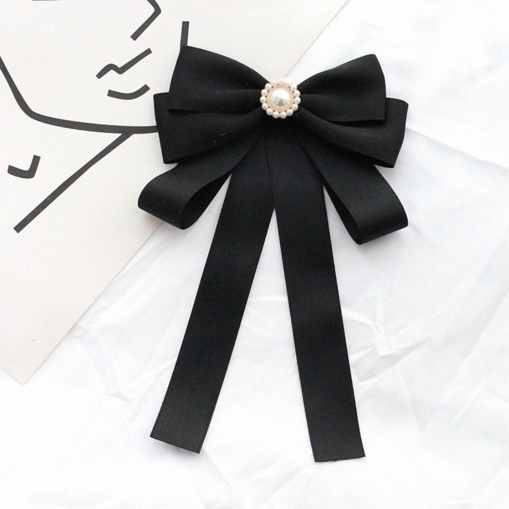 Pearl Black Ribbon Pin Beads Ribbon Badge Brooch Sweet Black Bow Necktie  Parties