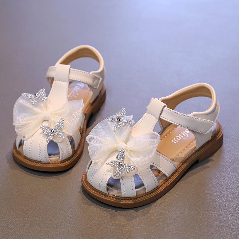 Girls Closed Toe Soft Sole Sandals, Summer Crystal Bow Princess Beach Shoes for Middle and Big Kids