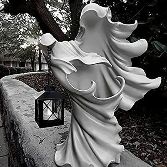 Статуэтка посланника ада на Хэллоуин с фонарем, черно-белая ведьма, призрачный свет, смоляная статуэтка, скульптура, украшение для внутреннего и наружного сада, орнамент
