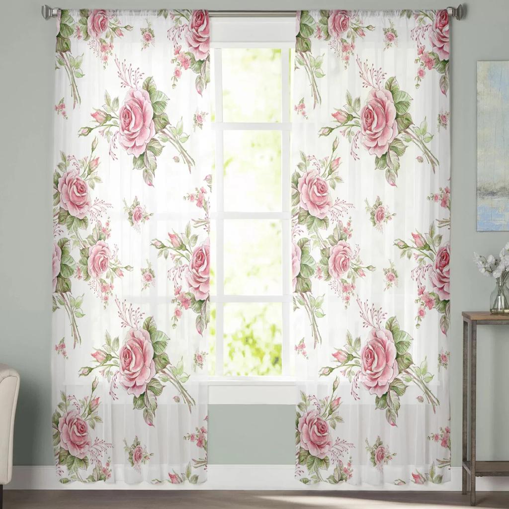 Pink Rose Romantic Luxury Tulle Curtains Modern Living Room Kitchen Chiffon Curtain Bedroom Sheer Valance Curtain