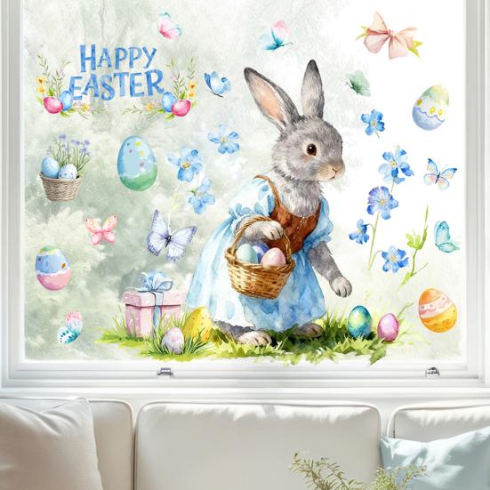 Пасхальная наклейка на окно Милый кролик Полевые цветы Яйца Бабочка Многоразовые двусторонние статические оконные наклейки для стеклянных дверей стен Детской комнаты Весна