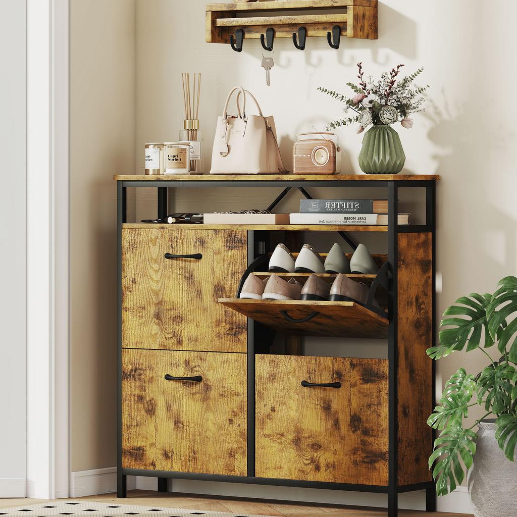 Slim Shoe Cabinet, 4 Fold-Down Drawers, Open Shelving, Holds 12-20 Pairs, Steel, Brown