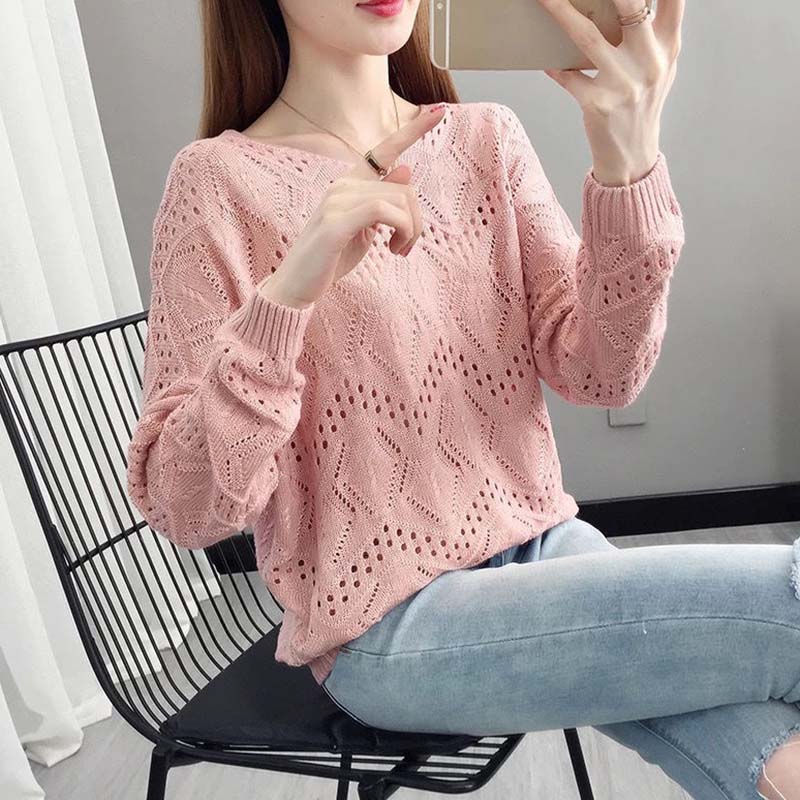 Hollow Knit Sweater Thin Women's Loose Pullover Sweet Outer Bottomed Blouse College Girl Style Hand Knitting