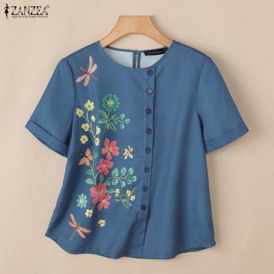 Женская повседневная блузка с круглым вырезом и короткими рукавами с цветочным принтом