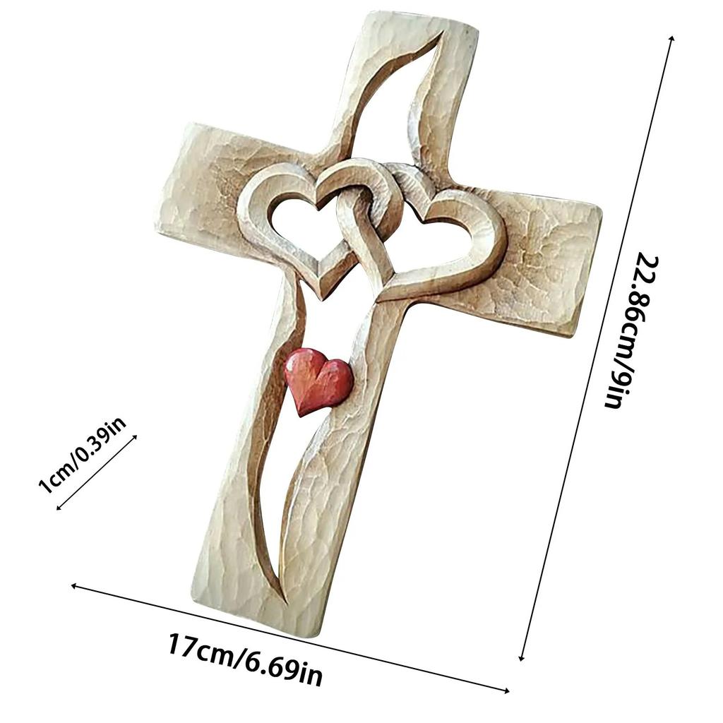 Carved Wooden Cross Intertwined Hearts Wall Hanging Hand Carved Wood Cross