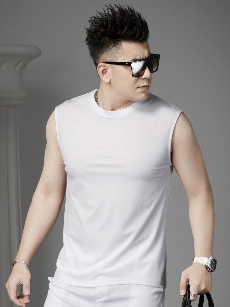 Ozhouzhan round Neck Vest Men's Summer Thin Sleeveless T-shirt Solid Blazer Top Men's Undershirt Waistcoat