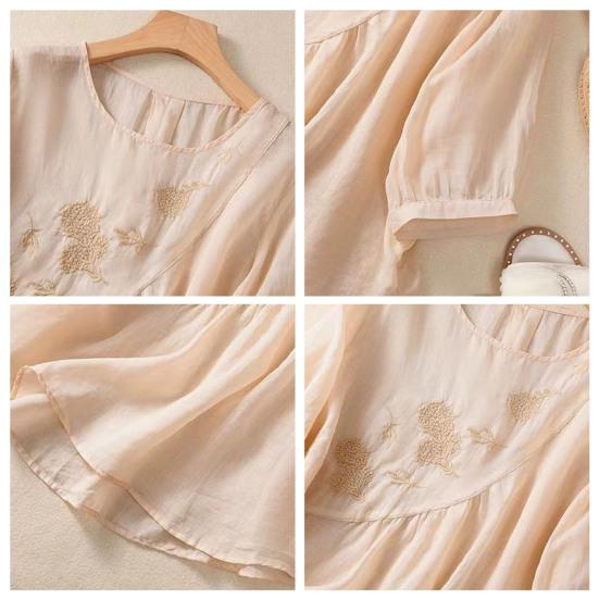 Женская повседневная рубашка с рукавом три четверти, асимметричный подол, вышитый цветочный узор, круглый вырез, однотонный топ