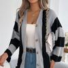 Women's Contrast Striped Flared Sleeve Cardigan Long Sleeve Sweater