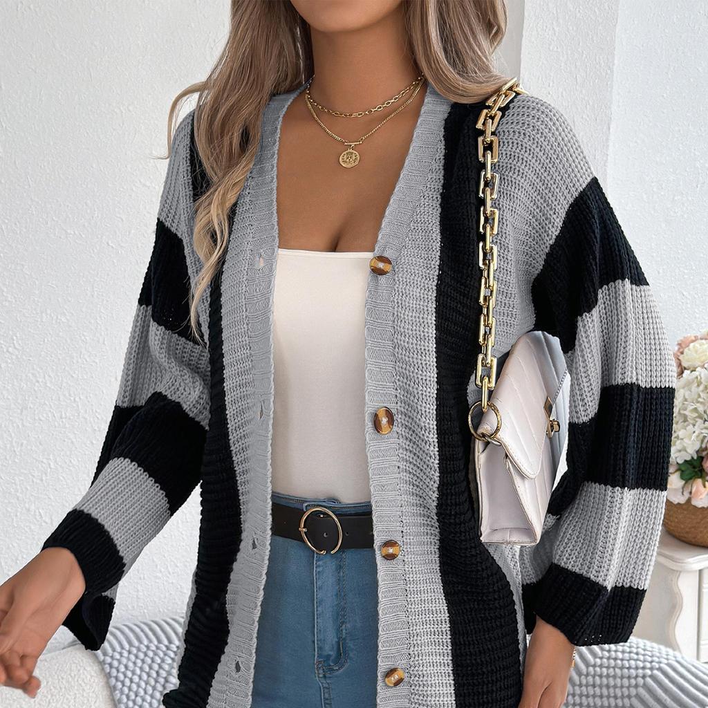 Women's Contrast Striped Flared Sleeve Cardigan Long Sleeve Sweater