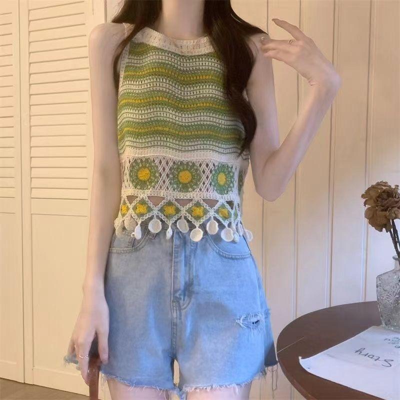 Вязаный крючком топ-майка с ажурной цветочной вышивкой, женский летний, ретро, этнический дизайн, с кисточками, короткий