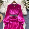 European American Dress Spring Autumn New Patchwork Diamond Embellishment Stand Collar Dresses Slim Satin Dresses