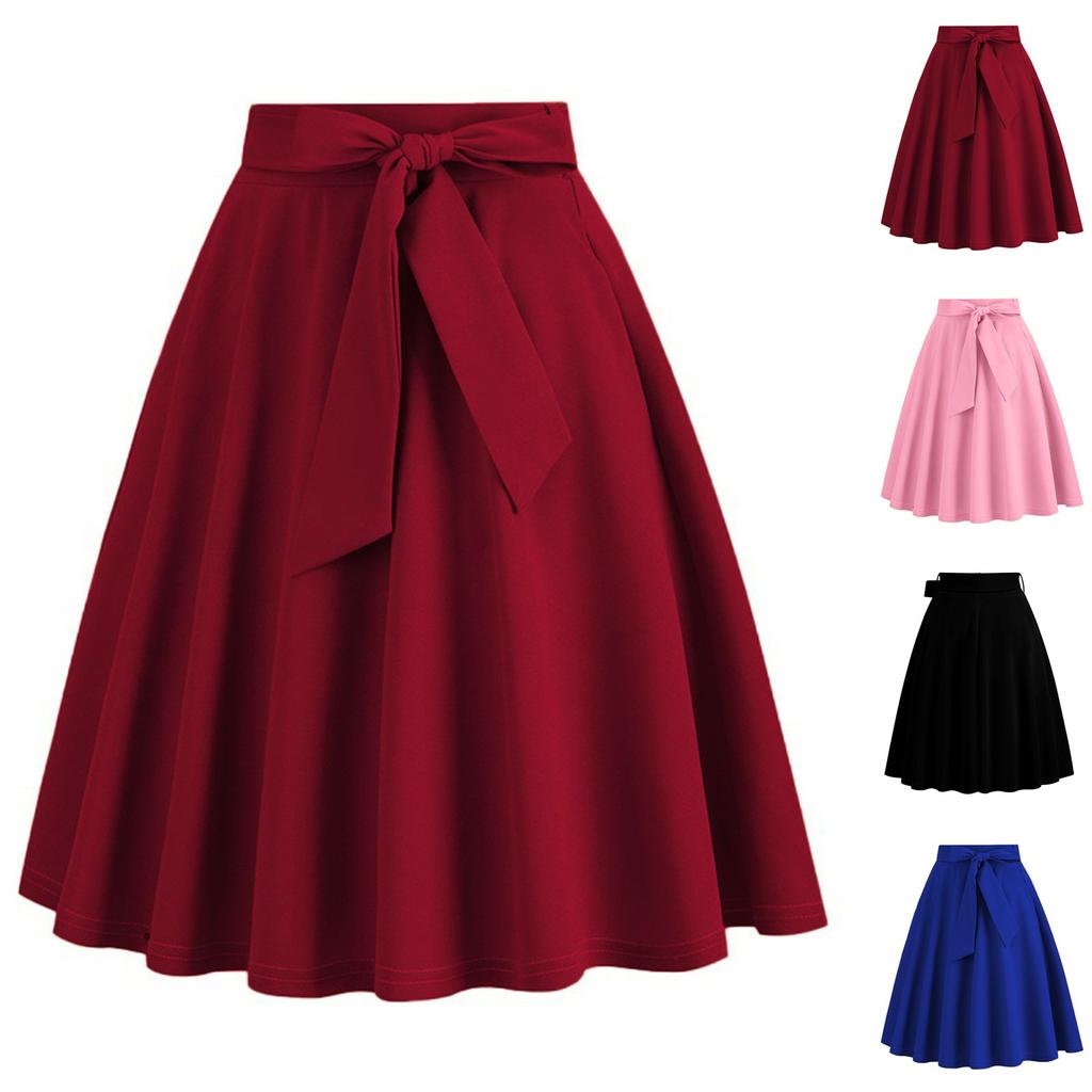 Women's Fashionable All-match Solid Color Skirt With Natural Color Belt Waist And Wide Swing Skirt