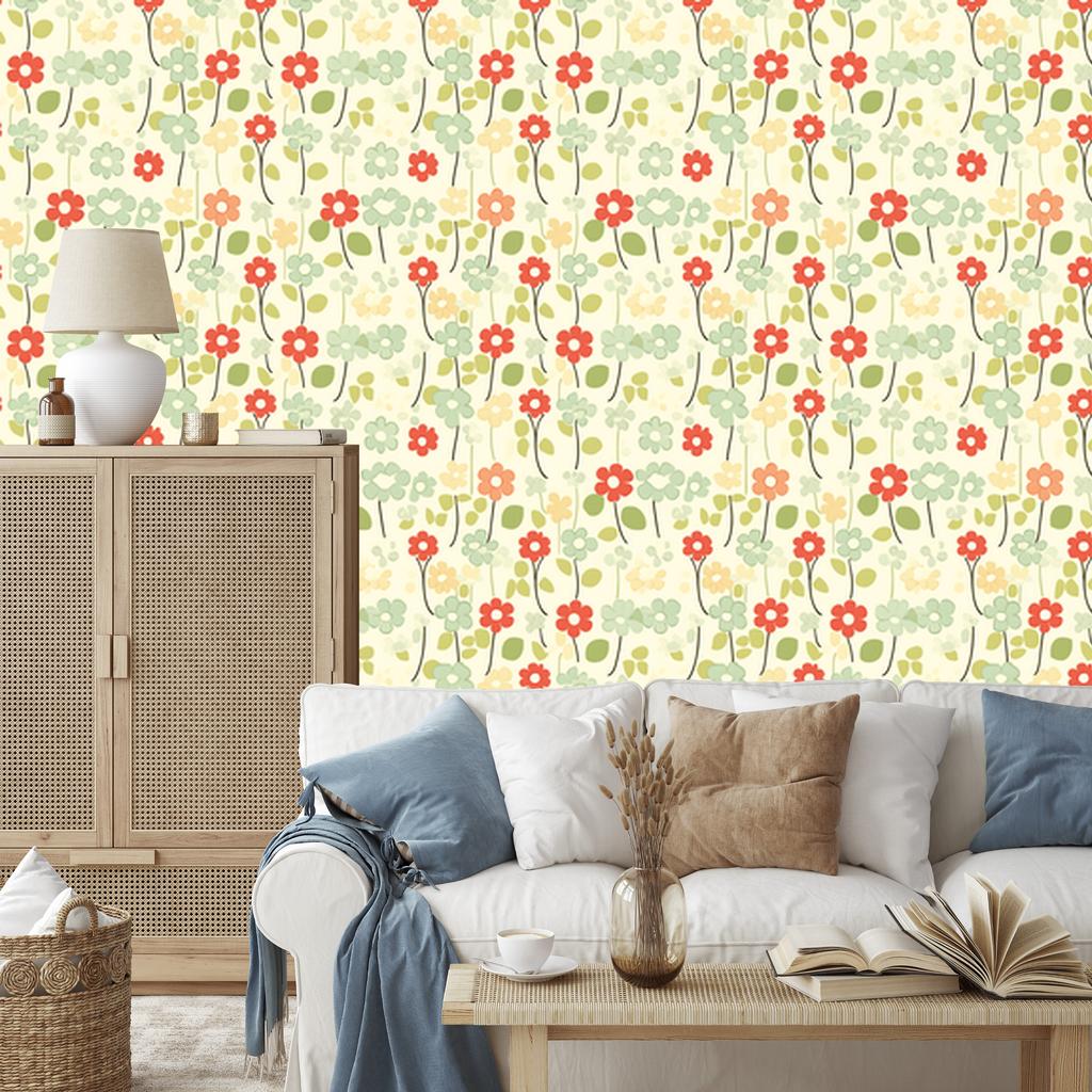 Cream and lime flowers wallpaper for living room and bedroom 50x1000