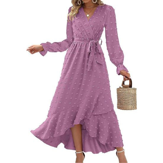 Long Sleeve Maxi Dress for Women V Neck Dot Design Boho Wrap Dress Casual Flowy Slit Wedding Guest Dress for Cocktail Party