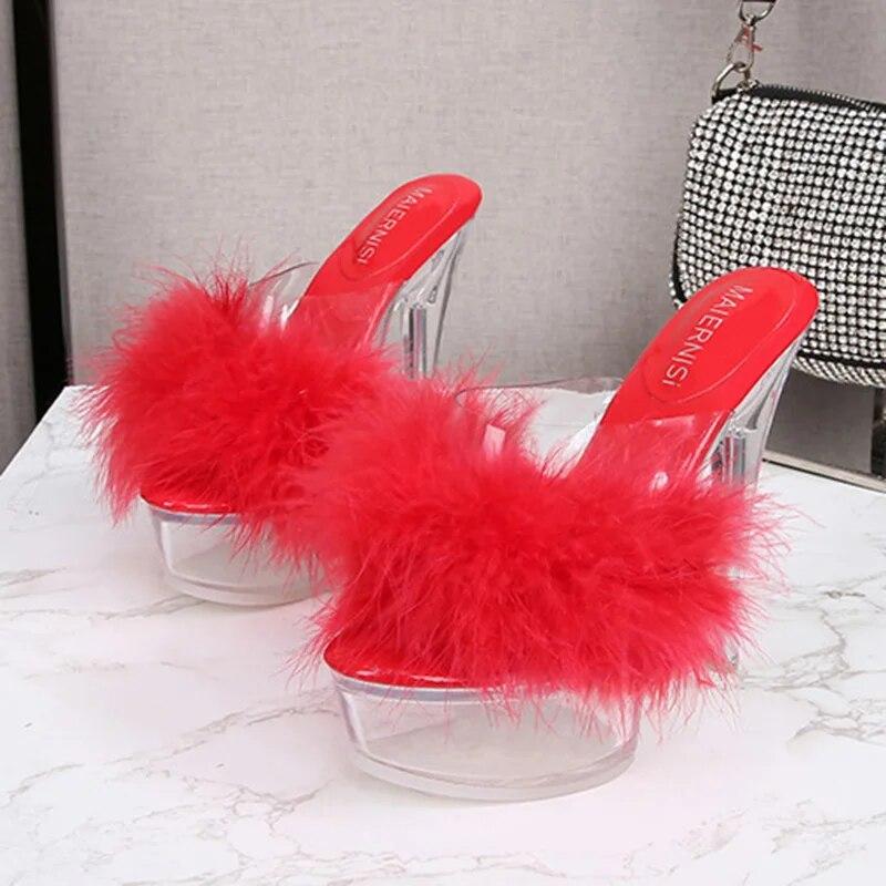 Женские туфли на шпильке, прозрачные пушистые пикантные модные сандалии на каблуке 14 см и платформе 4 см WZ