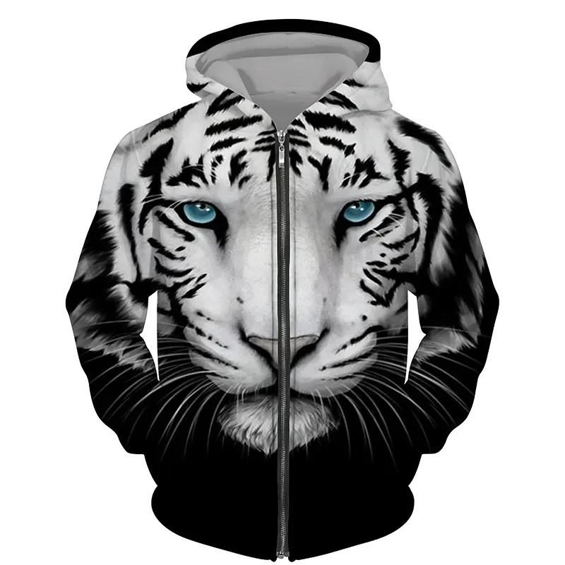 Tiger 3D Print Zip-Up Hoodie Youth Casual Loose Fit Winter Sweatshirt