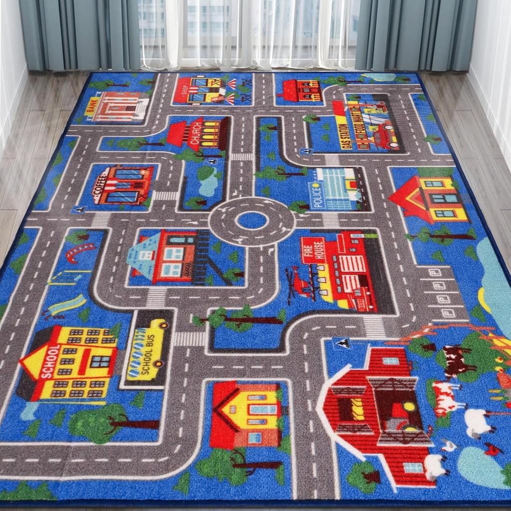Игровой ковер для мальчика и девочки Синий Розовый Зеленый Мягкий мат для лазания Ковер с изображением городских дорог и рельсового транспорта Офис Детская комната Декорация