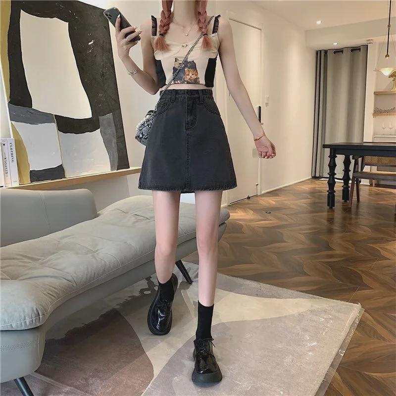 Женская джинсовая юбка-трапеция с высокой талией, лето 2022 г. - модный стиль в черном и сером цвете