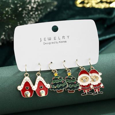 Рождественская серия Снежный домик Рождественская елка Набор серег-пар Карикатурная эмаль Санта