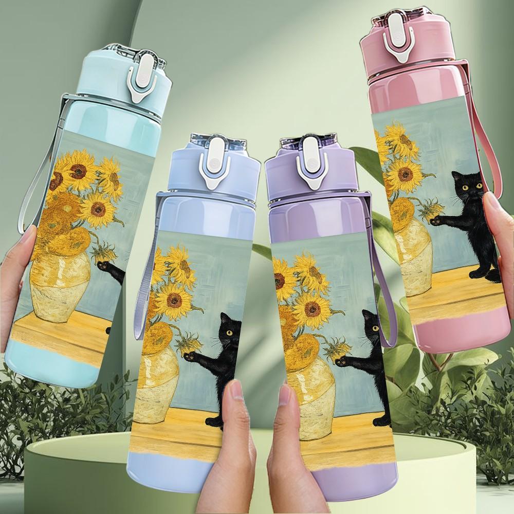 1PC Black Cat Sit Beside Sunflower Print 750ml Color Plastic Sports Water Bottle Leakproof Flip Straw Lid Suitable for Sports Office Home Use