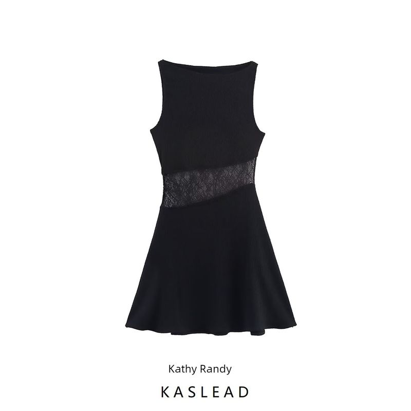 Kaslead New Women Clothes Western Style Lace Stitching Round Neck Short Dress 3644804