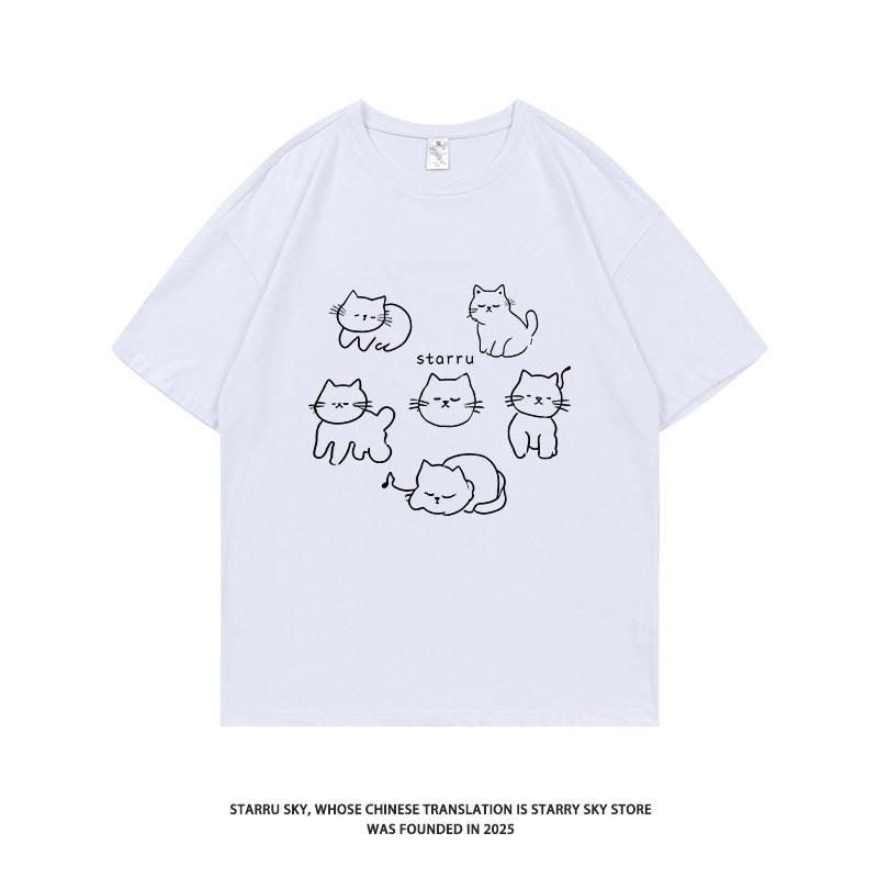 Cartoon Cat Cotton Printed Summer European And American Loose Unisexs And Unisexs Clothing New Cotton Casual Short Sleeves