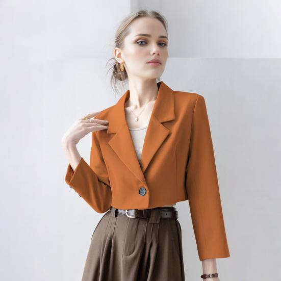 Women Short Suit Coat Lapel Long Sleeve Single Button Suit Jacket Solid Color Loose Fit Casual Business Style Suit Coat