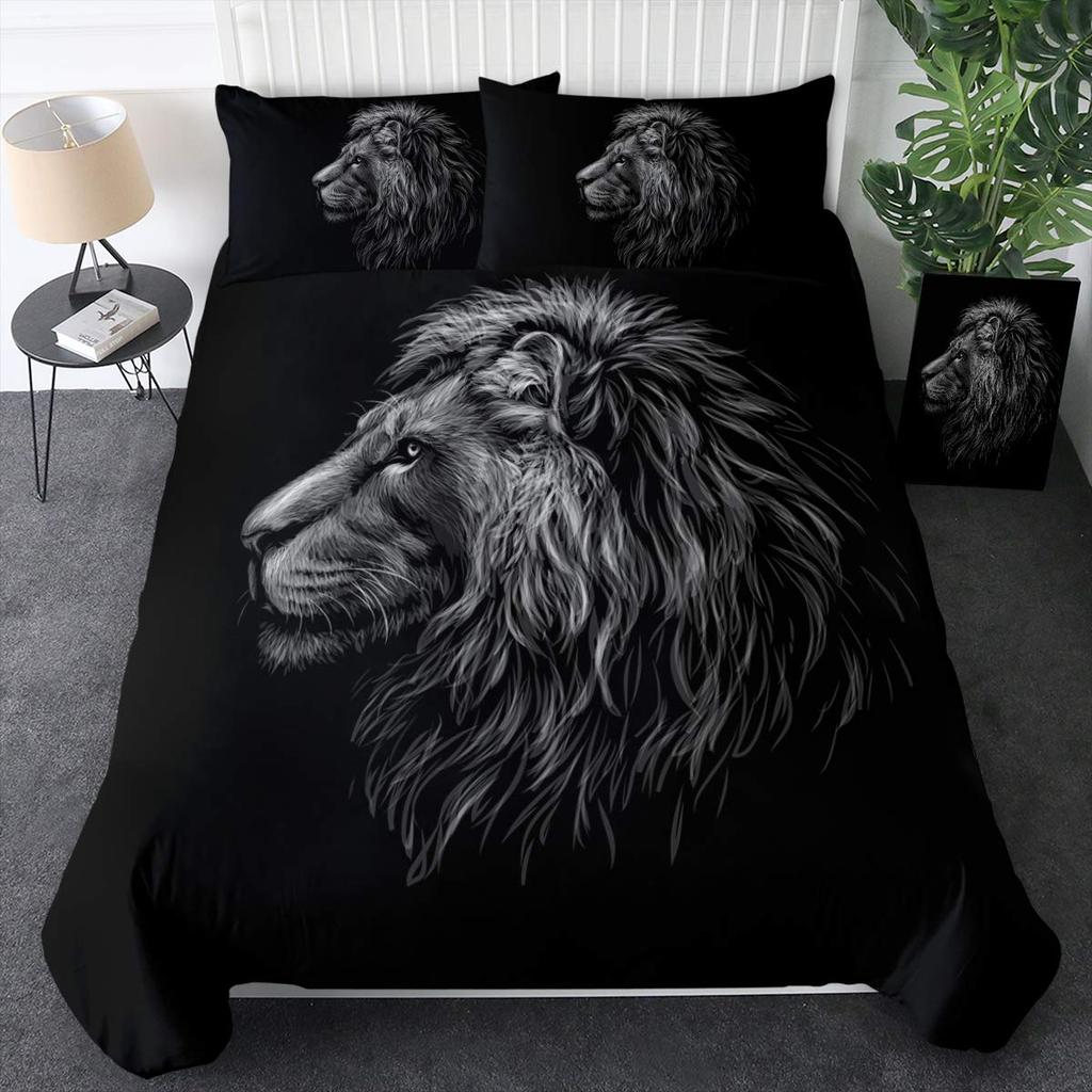 Lion Rose Duvet Cover Set Full Size,Animal Floral Comforter Cover Nature Theme Design Bedding Set,Modern Brown Lion Quilt Cover