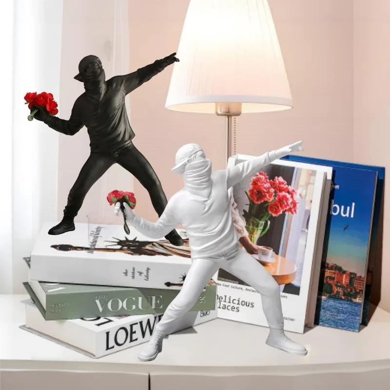 Aesthetic Throw Flower Boy Figure Resin Banksy Statues Figurines Art Sculpture Ornament Living Room Decoration Desk Accessories