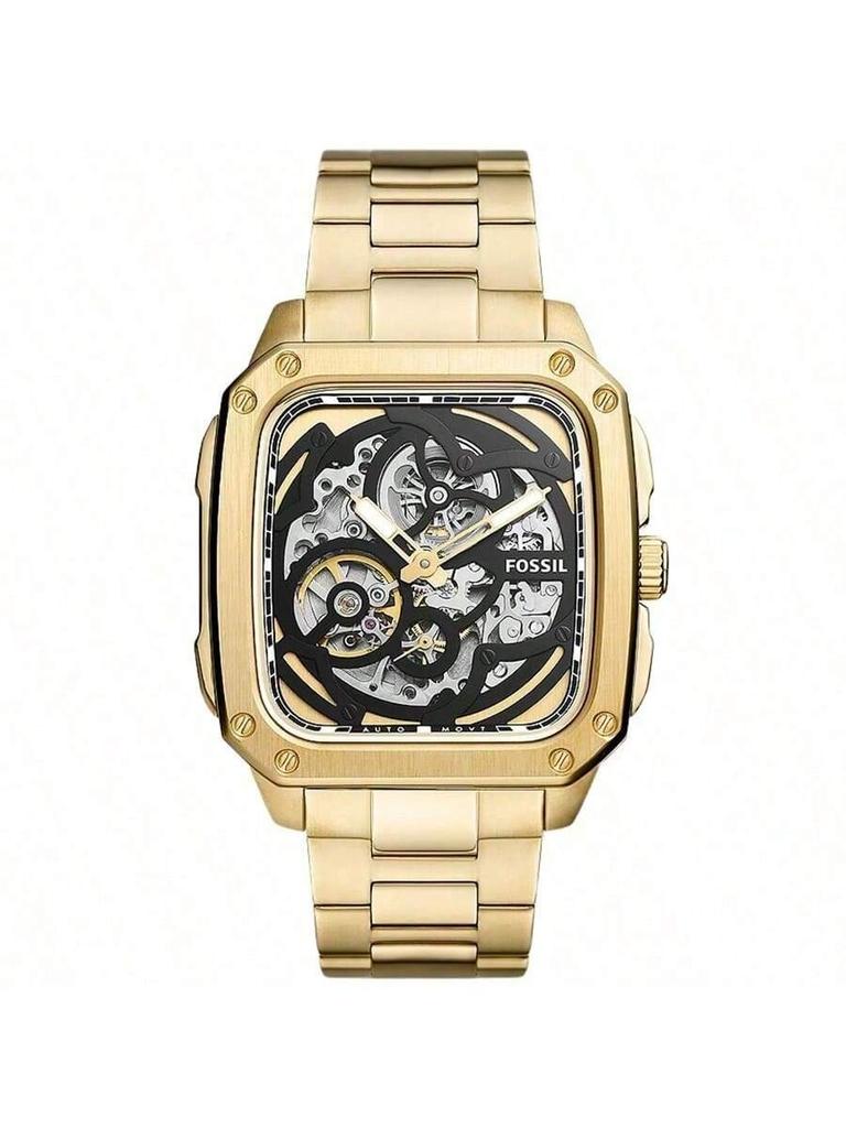 Мужские автоматические часы с полым золотым циферблатом и золотым стальным ремешком. маленький квадратный полый циферблат модный универсальный, идеально подходит для парней друзей. BQ2573