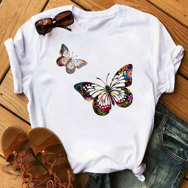 Женская футболка с принтом цветов и бабочек, повседневная футболка с коротким рукавом, женская футболка, женская футболка с рисунком