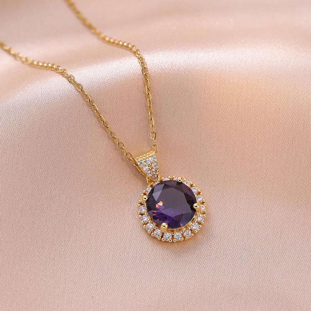 2023 New Fashion Round Zircon Pendant Necklace for Women Gold Color Stainless Steel Chain Jewelry Wedding Party Accessories