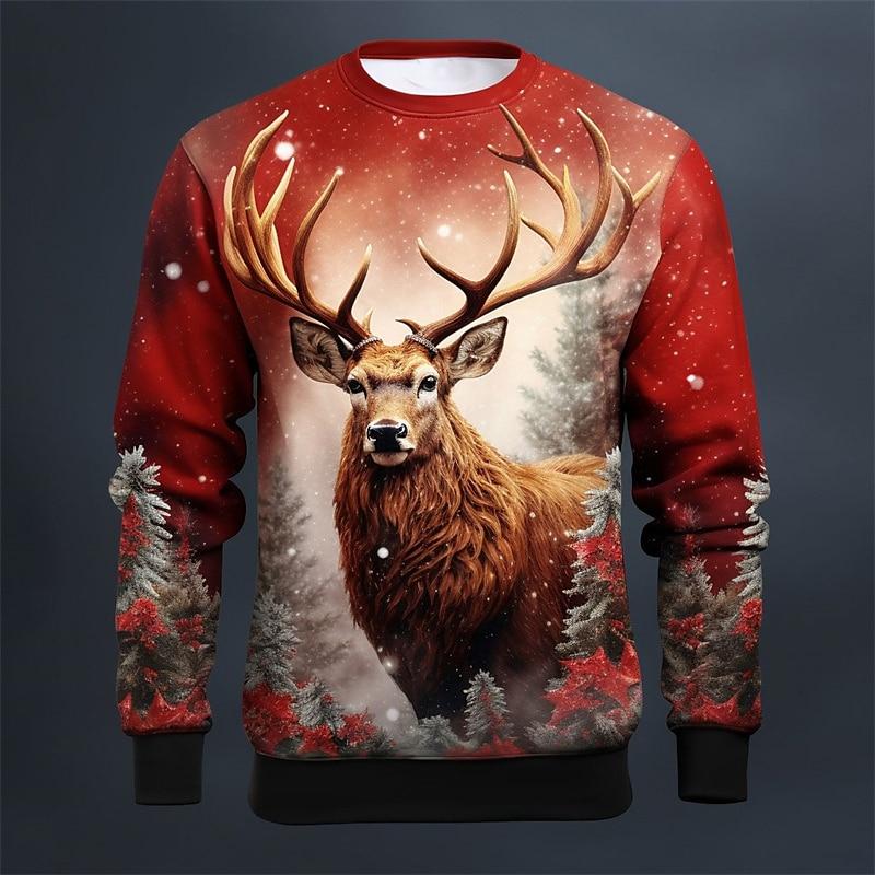 Christmas Elk Print Sweatshirts For Men Fall Long Sleeve Pullover Casual O-neck Men's Tops Oversized Hoodie Tees X'mas Clothing
