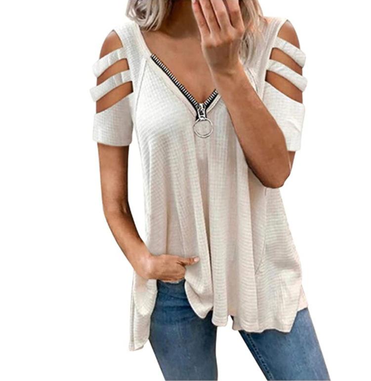 MAITA Womens Fashion Summer Clothes Casual Off Shoulder Short Sleeved Tops Deep V-neck Zipper Blouses Ladies Solid Color T-shirt Loose Shirts