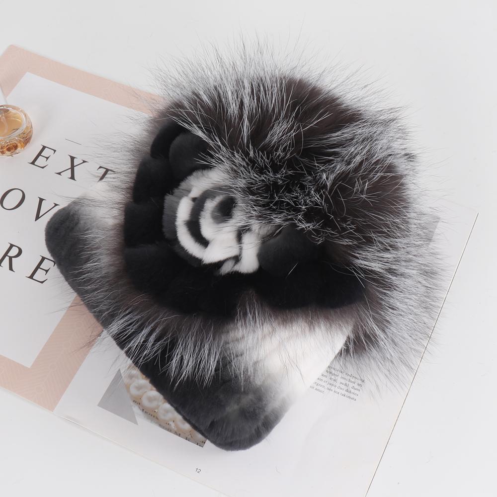 Luxury Warm Real Fox Fur Bomber Hat Female Winter Hand Knitted Real Rex Rabbit Fur Hats Women Outdoor Rex Rabbit Fur Flower Cap