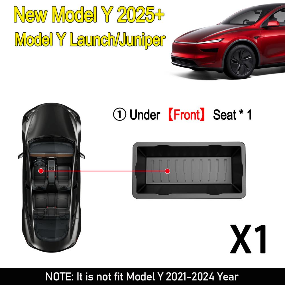 For Tesla Model Y Juniper 2025 Front Rear Under Seat Storage Box Bins Center Console Organizer Hidden Drawer Travel Accessories