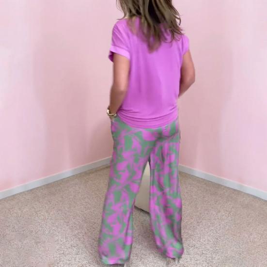 Женский комплект из двух предметов с принтом «бохо», повседневный топ с круглым вырезом и короткими рукавами, широкие брюки, летний комплект для дома