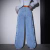 Women Denim Pants Bow Print Jeans High Waist Washed Distressed Straight Trousers Vintage Floor Length Streetwear Wide Leg Pants