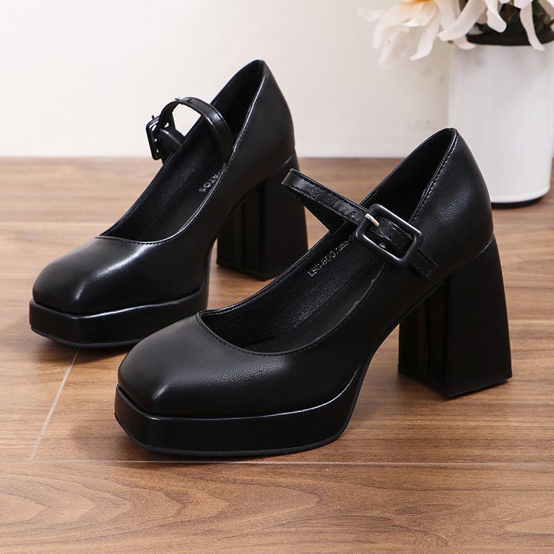 Туфли Мэри Джейн женские весна и осень 2024 новые однословные с квадратным носком водонепроницаемые на платформе с мелким вырезом одинарные туфли большого размера на высоком каблуке женские