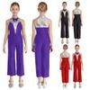 Kids Girls Sparkly Dance Jumpsuit Metallic Patchwork Rhinestone Color Block Design Sleeveless Stage Wear