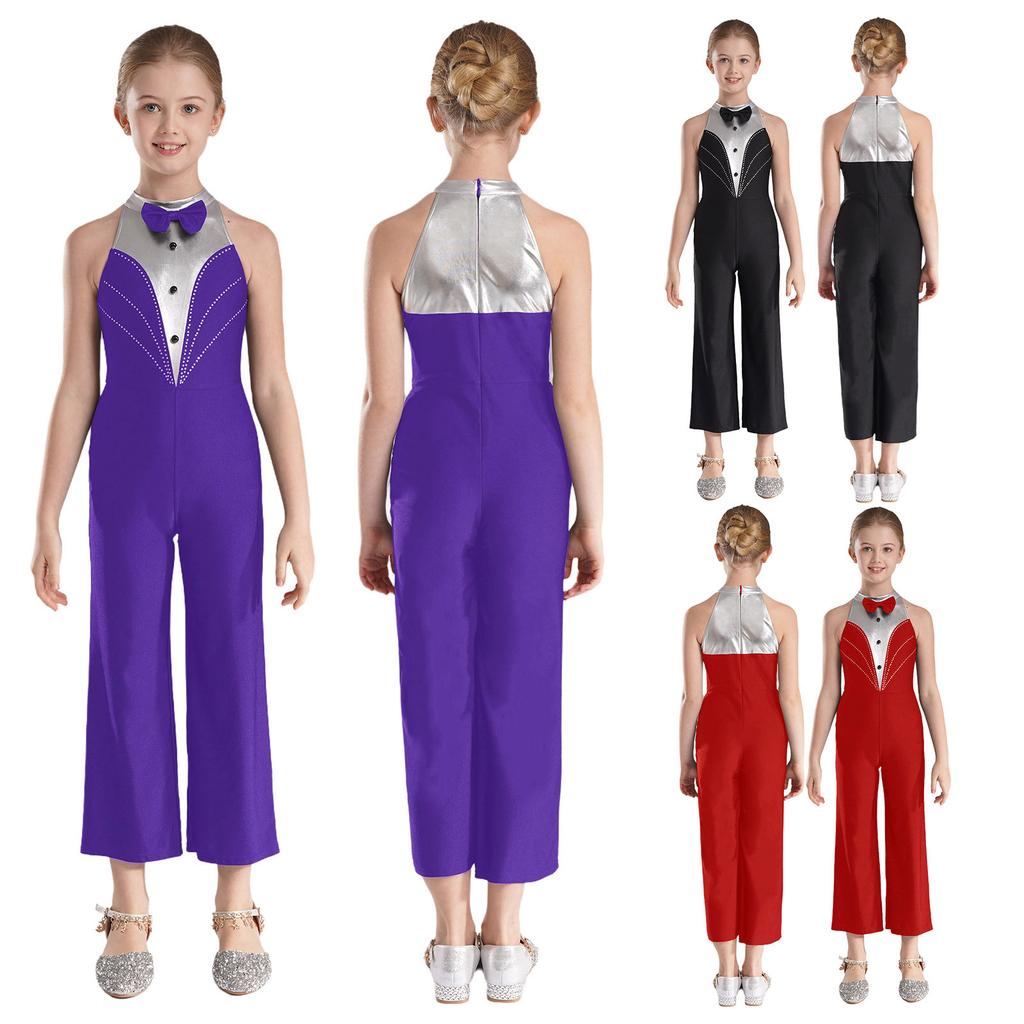 Kids Girls Sparkly Dance Jumpsuit Metallic Patchwork Rhinestone Color Block Design Sleeveless Stage Wear