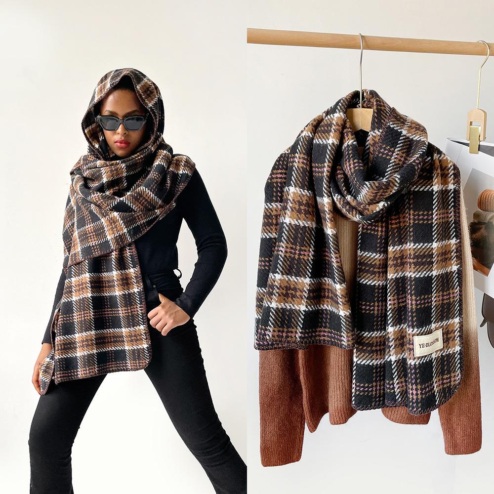Imitation Cashmere Plaid Shawl Women's Winter High-end Atmosphere Black Scarf Triangular Hemming Head Shawl