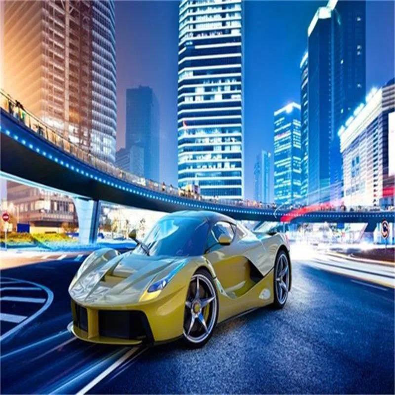 Желтый автомобиль обои Город Ночной пейзаж 3d фреска Современный ресторан Клубы Бар Интерьер Обои Декор