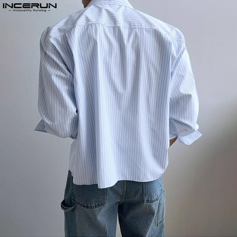 INCERUN S-XXXXXL Men Lapel Neck Long Sleeve Striped Casual Loose Shirts Tops